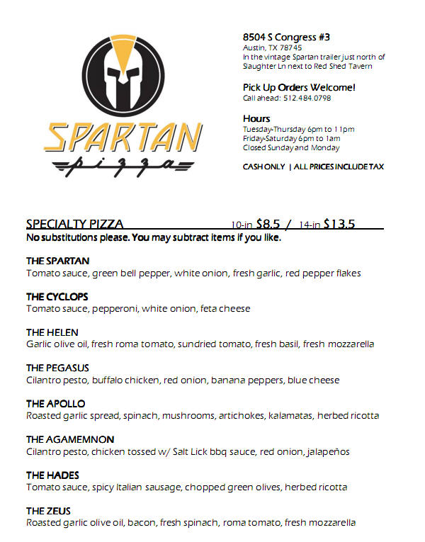 Spartan Pizza Menu 1
