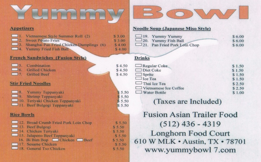 Yummy Bowl Trailer menu