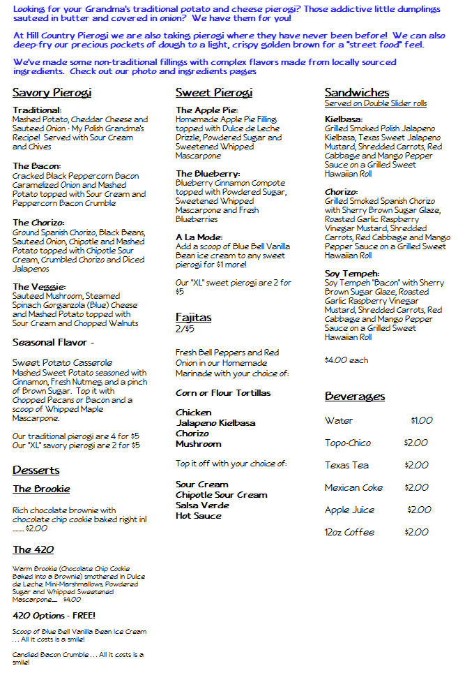 Hill Country Pierogi Trailer menu