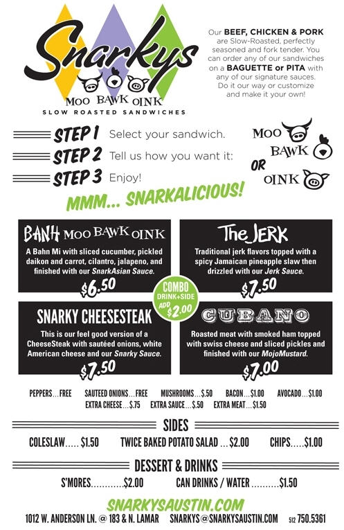 Snarkys Boo Bawk Oink trailer menu
