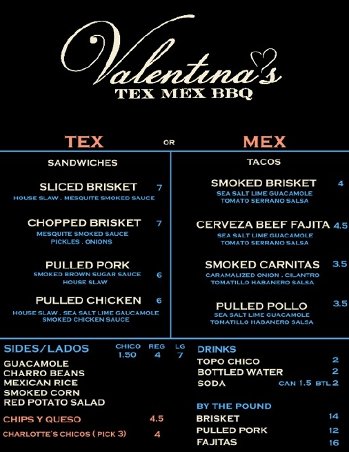 Valentina's Tex Mex BBQ Menu