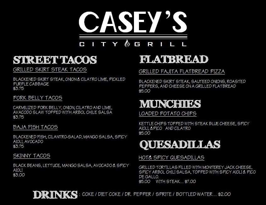 Casey's City Grill Trailer Menu