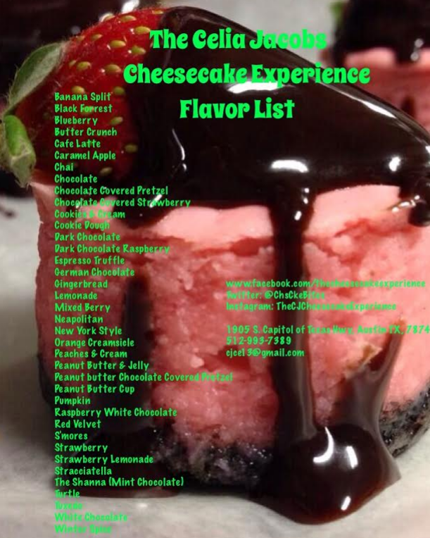 Celia Jacobs Cheesecake Experience Menu